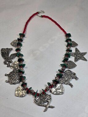 Vintage Marci Pewter Christmas Nativity Charm Necklace Red Green Beaded Holiday